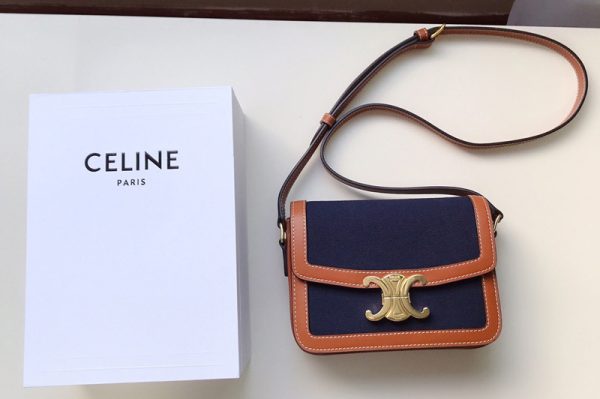 Replica Celine 188882 TEEN TRIOMPHE BAG IN TRIOMPHE CANVAS AND CALFSKIN TAN/Blue