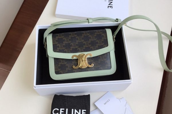 Replica Celine 188882 Teen Triomphe Bag in Triomphe Canvas and Green Calfskin