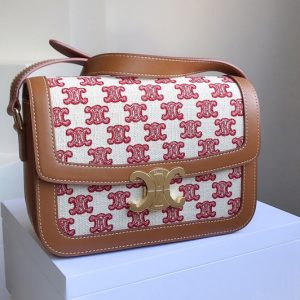 Replica Celine 188882 Teen Triomphe Bag in Vintage Pink Textile with Triomphe Embroidery and Calfskin