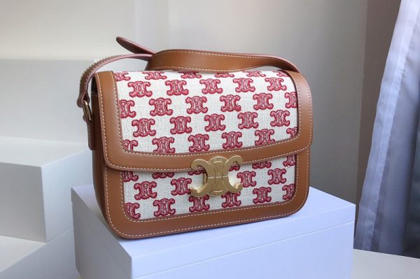 Replica Celine 188882 Teen Triomphe Bag in Vintage Pink Textile with Triomphe Embroidery and Calfskin