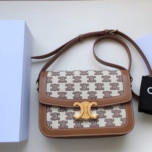 Replica Celine 188882 Teen Triomphe Bag in Textile with Triomphe Embroidery and Calfskin Vintage Brown