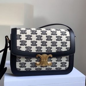 Replica Celine 188882 Teen Triomphe Bag in Textile with Triomphe Embroidery and Calfskin Vintage Black