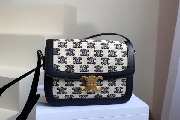 Replica Celine 188882 Teen Triomphe Bag in Textile with Triomphe Embroidery and Calfskin Vintage Black