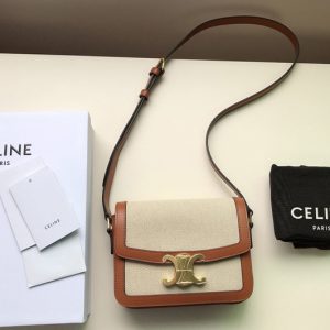 Replica Celine 188882 Teen Triomphe Bag in Textile and Natural Calfskin Tan/White