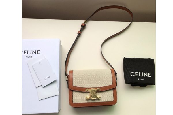 Replica Celine 188882 Teen Triomphe Bag in Textile and Natural Calfskin Tan/White