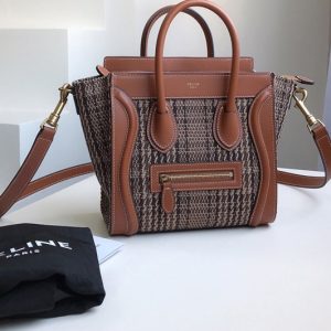 Replica Celine 189242 nano luggage bag in Brown/TAN textile and calfskin