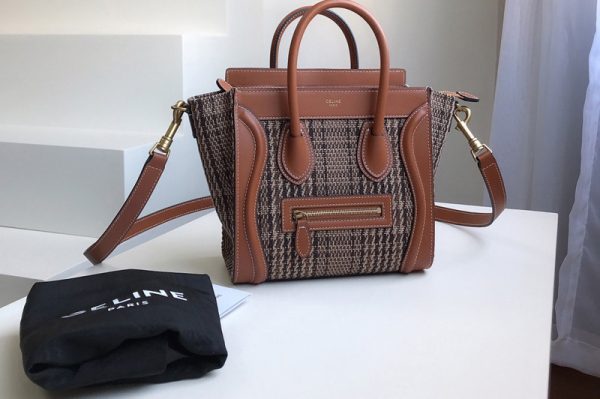 Replica Celine 189242 nano luggage bag in Brown/TAN textile and calfskin