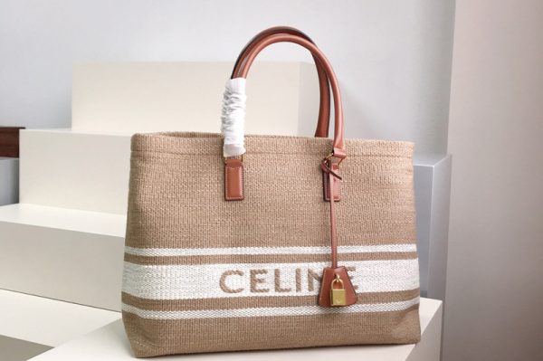 Replica Celine 190062 Horizontal Cabas Celine Bag in Textile with Celine print and Calfskin Beige/Tan