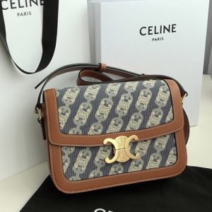 Replica Celine MEDIUM TRIOMPHE BAG IN NAVY/TAN CHAÎNE TRIOMPHE JACQUARD AND NATURAL CALFSKIN