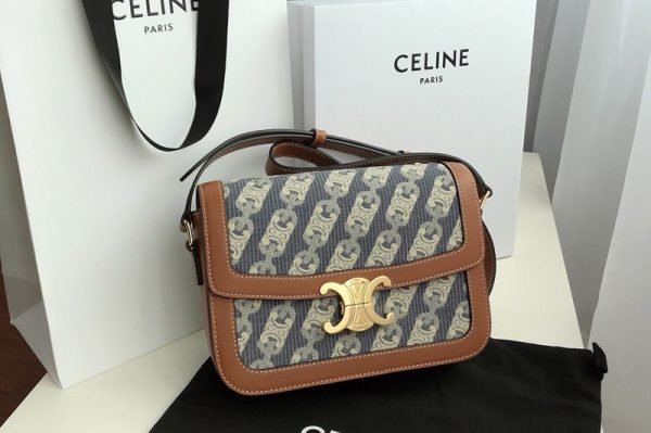 Replica Celine MEDIUM TRIOMPHE BAG IN NAVY/TAN CHAÎNE TRIOMPHE JACQUARD AND NATURAL CALFSKIN