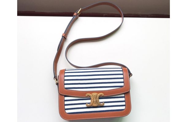 Replica Celine 191242 Medium Triomphe bag in Navy/Tan Striped textile