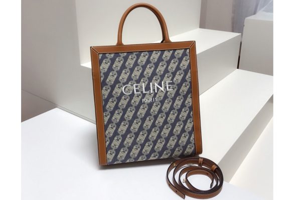 Replica Celine SMALL VERTICAL CABAS CELINE bag IN NAVY/TAN MAILLON TRIOMPHE JACQUARD AND CALFSKIN