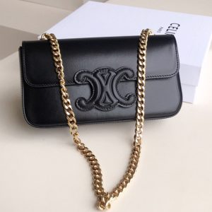 Replica Celine 199243 CHAIN SHOULDER BAG CUIR TRIOMPHE IN BLACK SHINY CALFSKIN