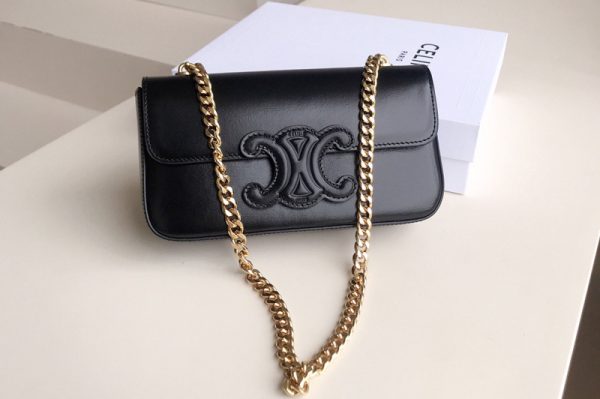 Replica Celine 199243 CHAIN SHOULDER BAG CUIR TRIOMPHE IN BLACK SHINY CALFSKIN