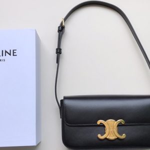 Replica Celine 194143 triomphe shoulder bag in Black shiny calfskin Leather