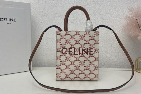 Replica Celine 194372 MINI VERTICAL CABAS IN Red TRIOMPHE CANVAS AND CALFSKIN WITH CELINE PRINT