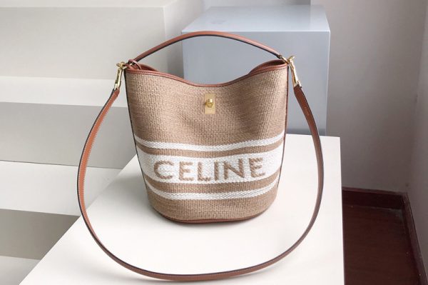 Replica Celine 195573 BUCKET 16 BAG in Textile with Celine print and Calfskin Beige/Tan