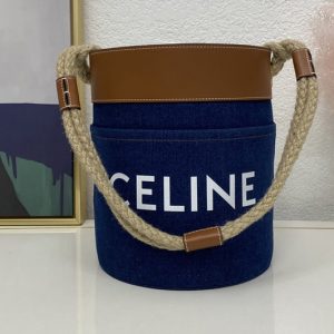 Replica Celine 196272 BUCKET CELINE bag IN NAVY / TAN DENIM WITH CELINE PRINT AND CALFSKIN