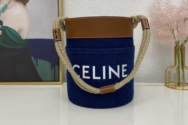 Replica Celine 196272 BUCKET CELINE bag IN NAVY / TAN DENIM WITH CELINE PRINT AND CALFSKIN