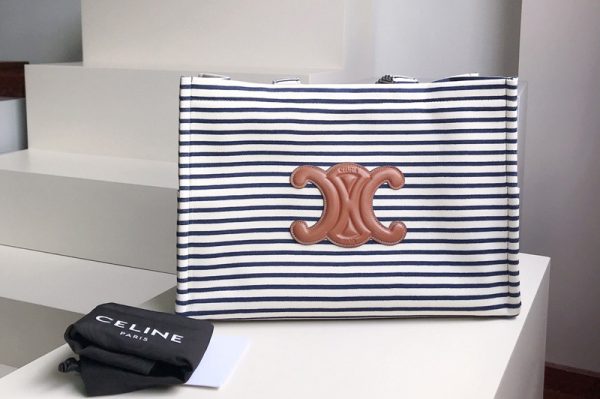 Replica Celine 196762 large cabas thais Bag in Navy/Tan Striped textile