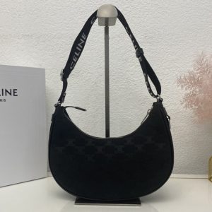 Replica Celine 196962 MEDIUM AVA BAG WITH CELINE STRAP IN Black TRIOMPHE JACQUARD AND CALFSKIN