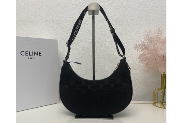 Replica Celine 196962 MEDIUM AVA BAG WITH CELINE STRAP IN Black TRIOMPHE JACQUARD AND CALFSKIN