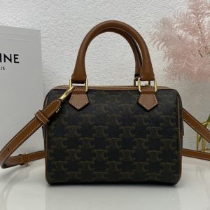 Replica Celine 197582 SMALL BOSTON IN TRIOMPHE CANVAS AND Tan CALFSKIN