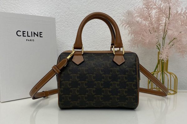 Replica Celine 197582 SMALL BOSTON IN TRIOMPHE CANVAS AND Tan CALFSKIN