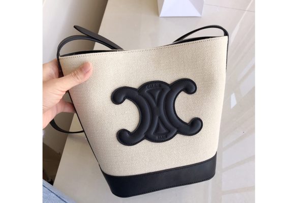 Replica Celine 198242 SMALL BUCKET CUIR TRIOMPHE IN VANILLA / BLACK TEXTILE AND CALFSKIN