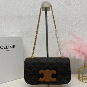 Replica Celine 199242 CHAIN SHOULDER BAG CUIR TRIOMPHE IN TRIOMPHE CANVAS AND TAN CALFSKIN