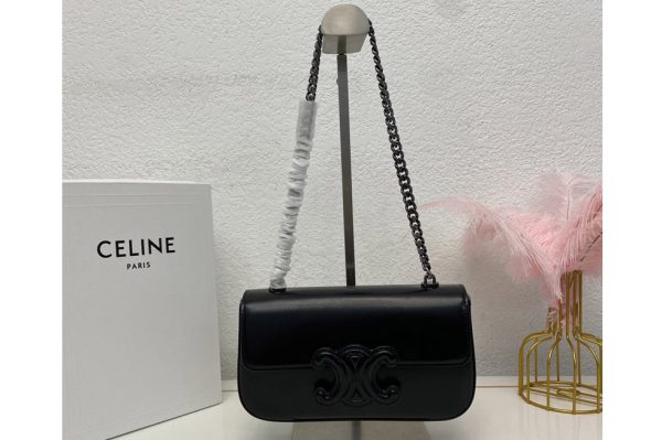 Replica Celine 199243 CHAIN SHOULDER BAG CUIR TRIOMPHE IN BLACK/BLACK SHINY CALFSKIN