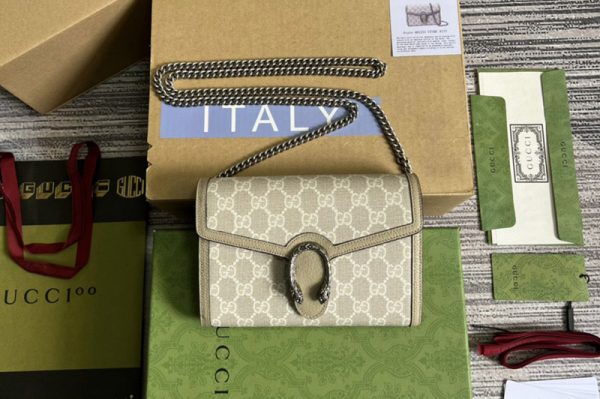 Replica Gucci 401231 Dionysus chain wallet in Beige and white GG Supreme canvas