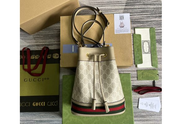 Replica Gucci 550621 Ophidia small GG bucket bag in Beige and white GG Supreme canvas