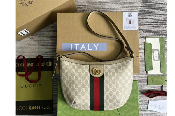 Replica Gucci 598125 Ophidia GG small shoulder bag in Beige and white GG Supreme canvas