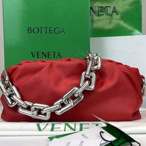 Replica Bottega Veneta 620230 Chain Pouch Shoulder Bag in Red Lambskin Leather With Silver Chain