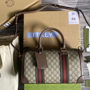 Replica Gucci ‎645017 GG Small Duffel Bag With Web bag in Beige/ebony GG Supreme canvas