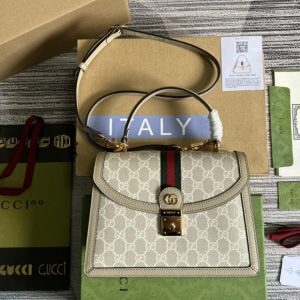 Replica Gucci ‎651055 Ophidia small GG top handle bag in Beige and white GG Supreme canvas