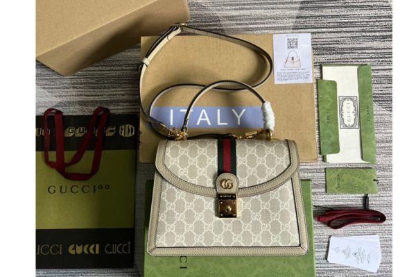 Replica Gucci ‎651055 Ophidia small GG top handle bag in Beige and white GG Supreme canvas