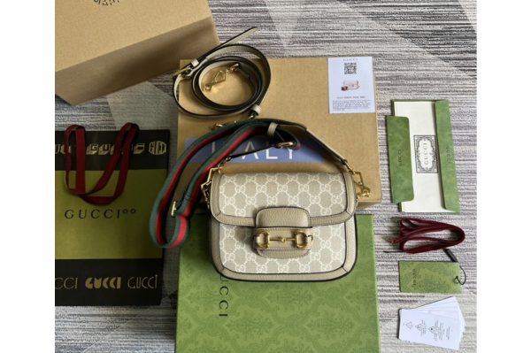 Replica Gucci ‎658574 Gucci Horsebit 1955 GG mini bag in Beige and white GG Supreme canvas