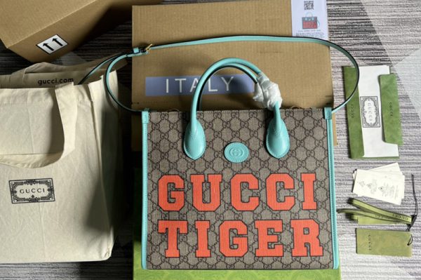 Replica Gucci ‎659983 Gucci Tiger GG small tote bag in Beige and ebony GG Supreme canvas