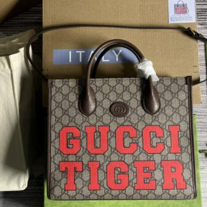 Replica Gucci ‎659983 Gucci Tiger GG small tote bag in Beige and ebony GG Supreme canvas