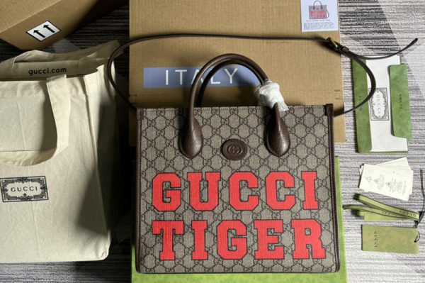 Replica Gucci ‎659983 Gucci Tiger GG small tote bag in Beige and ebony GG Supreme canvas