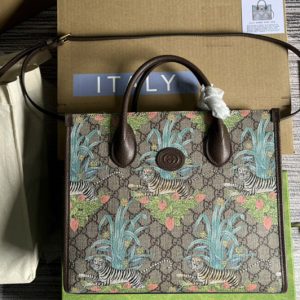 Replica Gucci ‎659983 Gucci Tiger GG small tote bag in Beige and ebony GG Supreme canvas