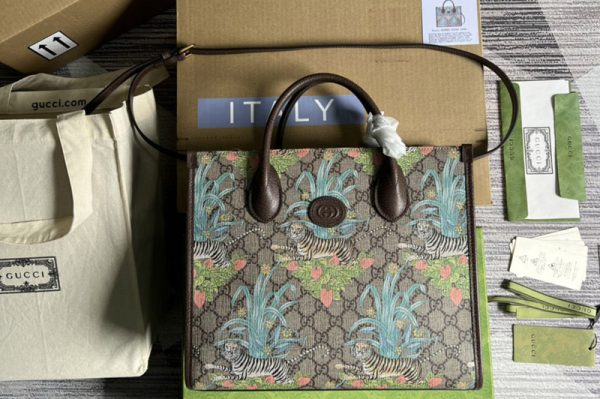 Replica Gucci ‎659983 Gucci Tiger GG small tote bag in Beige and ebony GG Supreme canvas