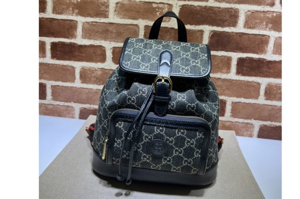 Replica Gucci ‎674147 Backpack with Interlocking G in Black and ivory GG denim jacquard