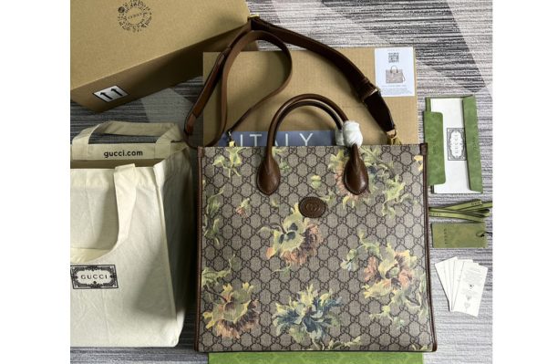 Replica Gucci ‎674148 Medium tote Bag with carnation print in Beige and ebony GG Supreme canvas