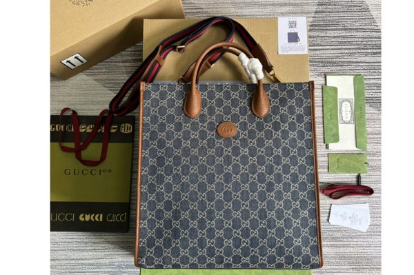 Replica Gucci ‎674155 Medium tote Bag with Interlocking G in Blue and ivory GG denim jacquard