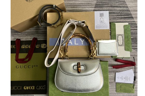 Replica Gucci ‎675797 Small top handle bag with Bamboo in Silver leather