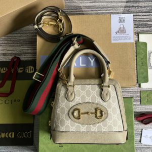 Replica Gucci 677212 Gucci Horsebit 1955 GG mini bag in Beige and white GG Supreme canvas