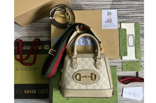 Replica Gucci 677212 Gucci Horsebit 1955 GG mini bag in Beige and white GG Supreme canvas